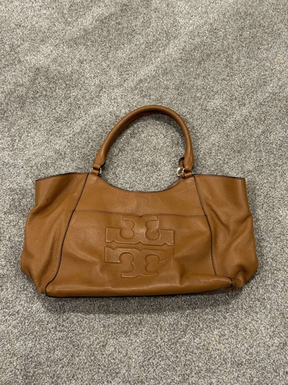 Tory Burch Cognac Leather Shoulder Tote with Embossed Logo